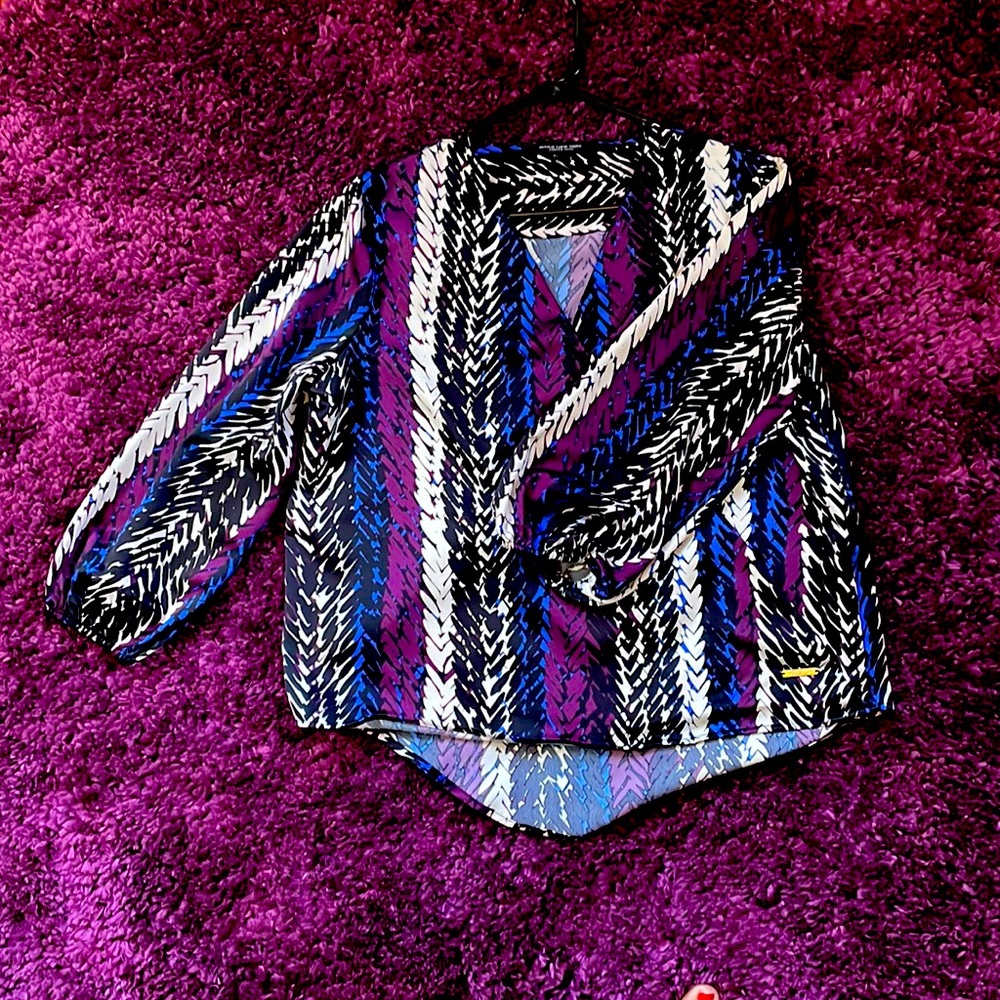 ANDREW MARC New York- polyester blouse; purple, blue, black and cream.